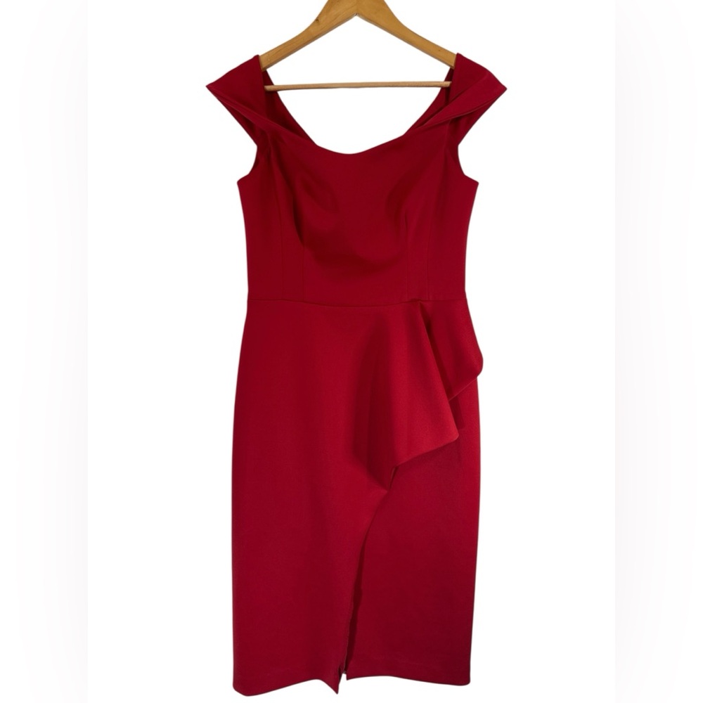 NWT Black Halo Eve Molten Red Off Shoulder Asymmetrical Peplum Sheath Dress 12
